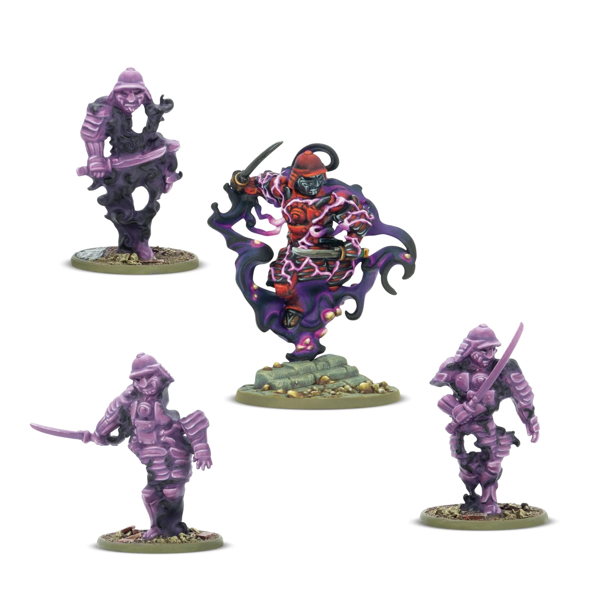 Warlord Games Konflikt '47 Ghost Infiltration Platoon – wypraska żywiczna 28mm Kimura Tadaaki: głowa z rogiem i maską, tułów w zbroi z falami Riftu, ręce z mieczem katana i sztyletami, płaszcz z mackami, podstawka owalna z kamieniami i czaszkami, K47