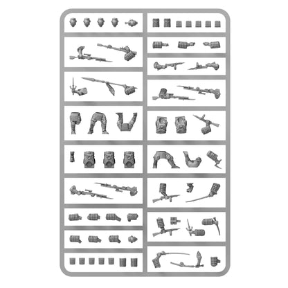 Warlord Games Konflikt '47 Ghost Infiltration Platoon – 25 figurek plastikowych Ghost Attack Infantry 28mm na stole: żołnierze w żółto-brązowej zbroi wspomaganej z niebieskimi wizjerami, uzbrojeni w karabiny Shiboru i miecze katana, różne pozy bojowe, K47