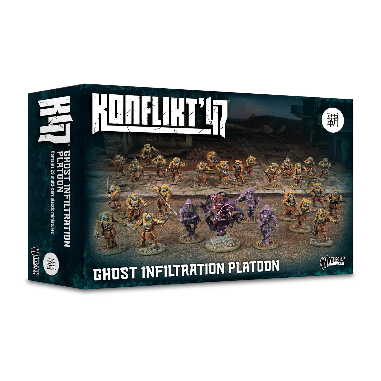 Warlord Games Konflikt '47 Ghost Infiltration Platoon – pudełko Konflikt '47 Ghost Infiltration Platoon: 29 multi-part plastic 28mm miniatures, japoński znak kanji na ciemnozielonym tle, logo Konflikt '47 i Warlord Games, Empire of Japan K47