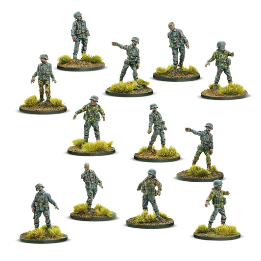 Totenkorps Warlord Games 452200201 – 12 metalowych figurek nieumarłych żołnierzy Heer z przodu: mundury Feldgrau i Splittermuster z ranami i ubytkami, wyciągnięte ręce, 28mm Konflikt '47