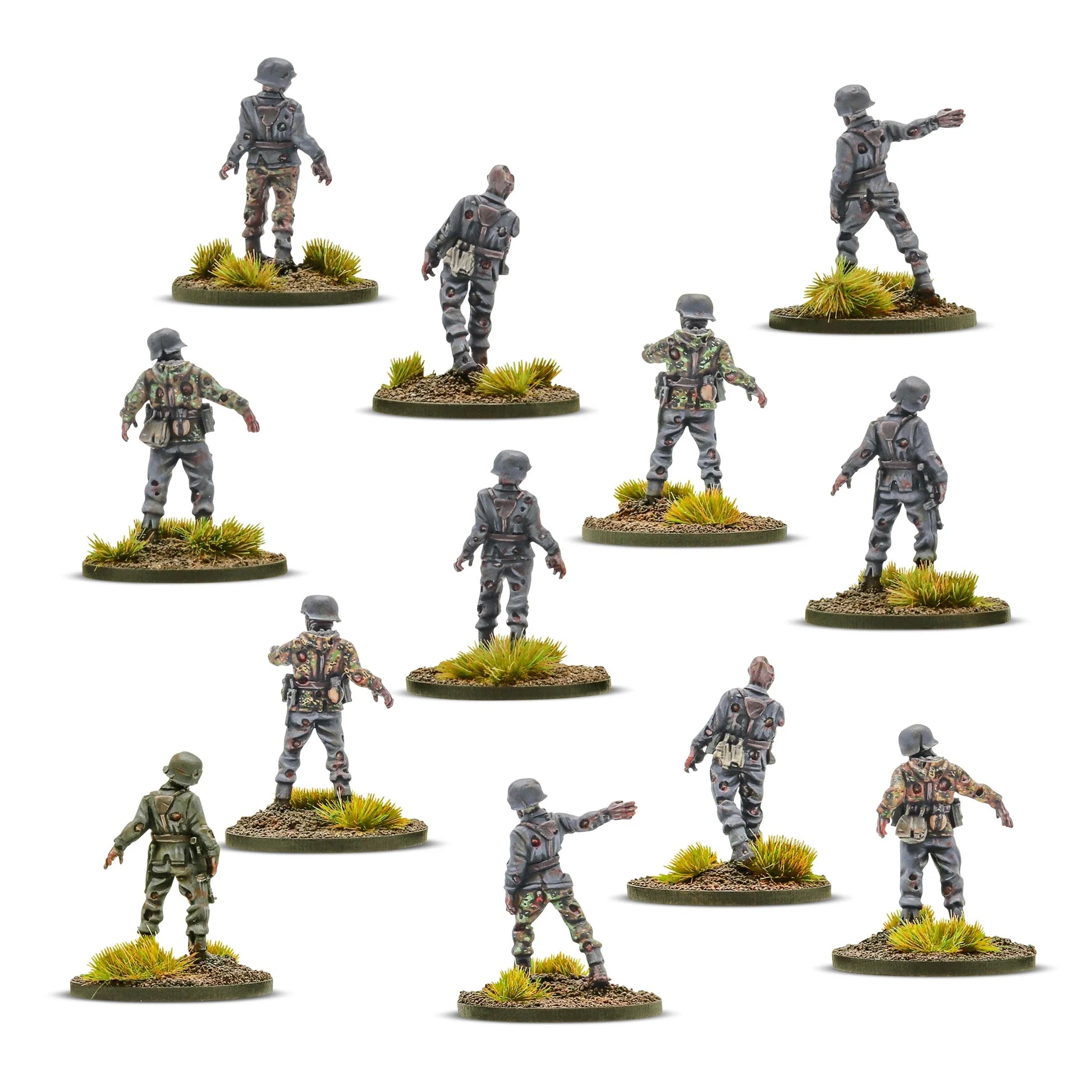 Totenkorps Warlord Games – 12 metalowych figurek nieumarłych żołnierzy Heer z tyłu: detale mundurów Feldgrau i Splittermuster z dziurami i śladami rozkładu, 28mm Konflikt '47