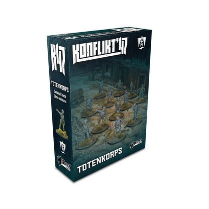 Totenkorps – pudełko Konflikt '47: grafika okładkowa z hordą nieumarłych żołnierzy Heer w zniszczonym budynku, zawartość 12 metalowych figurek 28mm, Warlord Games