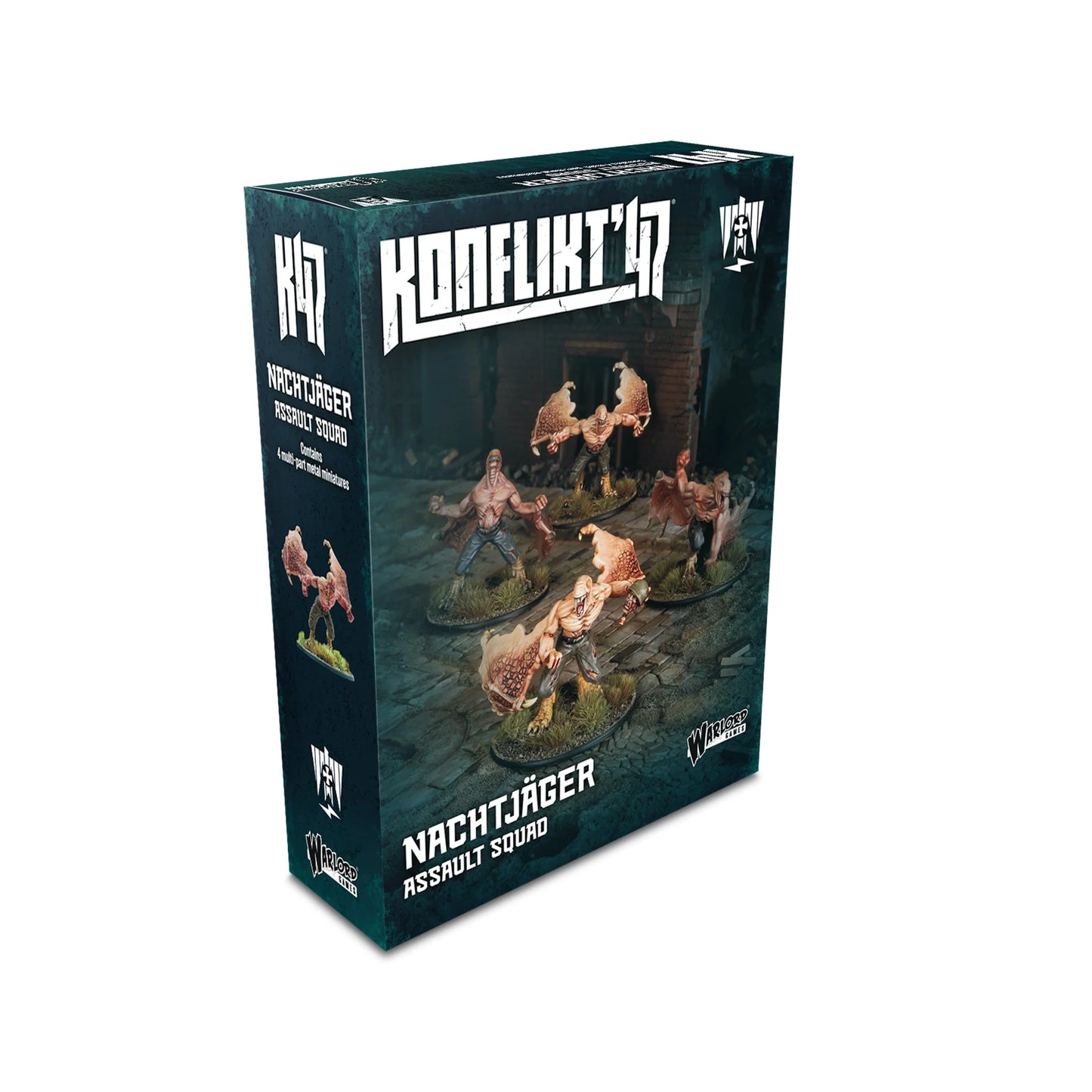 Nachtjäger Assault Squad – pudełko Konflikt '47: grafika okładkowa z 4 mutantami Nachtjäger w akcji w zniszczonym budynku, zawartość 4 metalowe figurki 28mm, Warlord Games