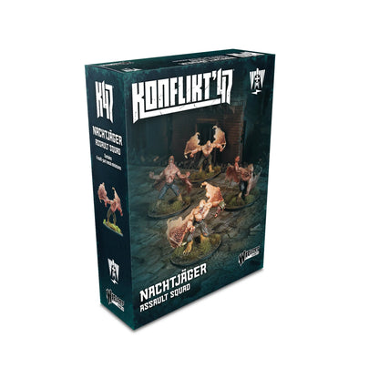 Nachtjäger Assault Squad – pudełko Konflikt '47: grafika okładkowa z 4 mutantami Nachtjäger w akcji w zniszczonym budynku, zawartość 4 metalowe figurki 28mm, Warlord Games
