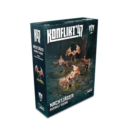 Nachtjäger Assault Squad – pudełko Konflikt '47: grafika okładkowa z 4 mutantami Nachtjäger w akcji w zniszczonym budynku, zawartość 4 metalowe figurki 28mm, Warlord Games