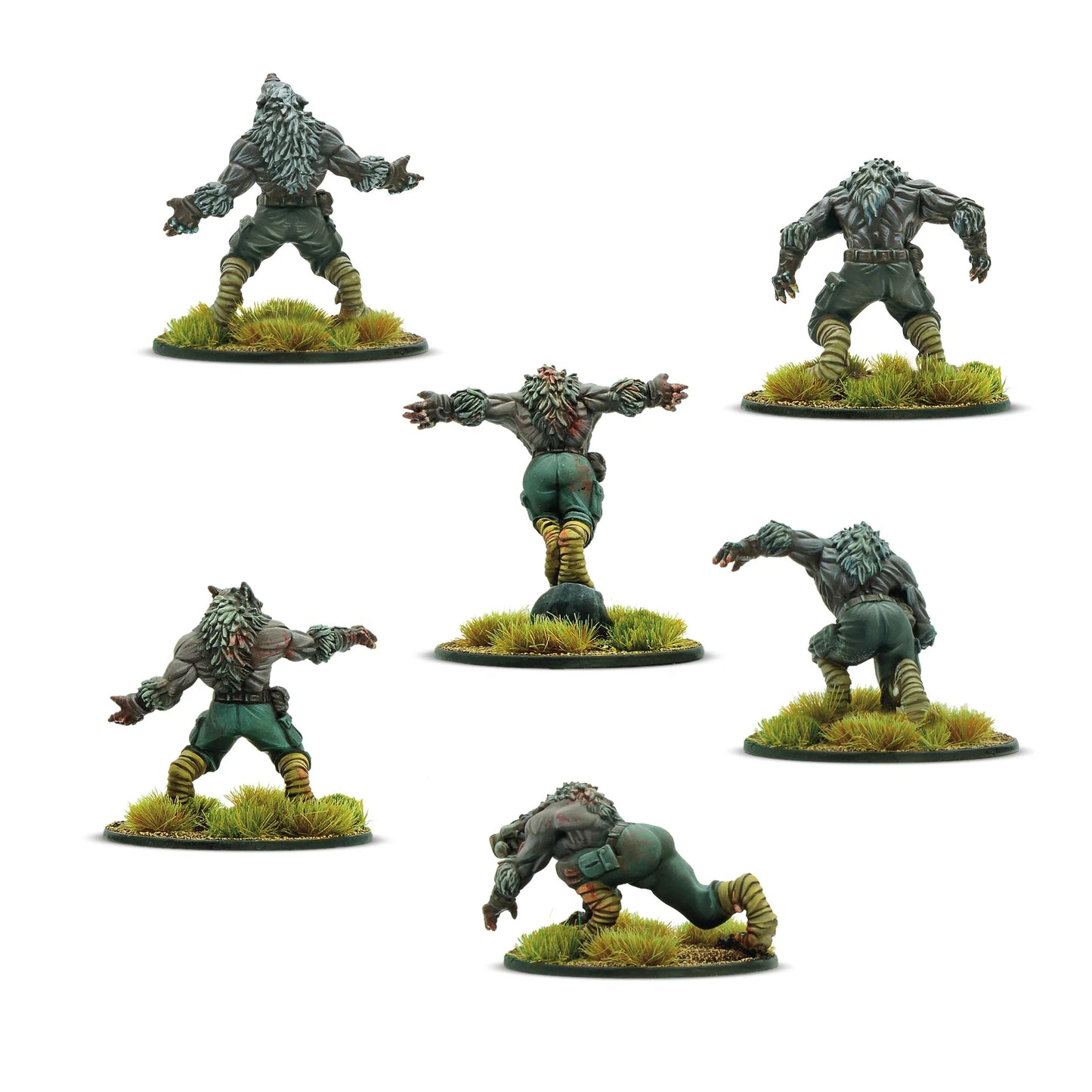 Konflikt '47 Schreckwulfen Squad 452200203 – 6 pomalowanych metalowych figurek Schreckwulfen Axis, widok z tyłu: detale sierści, pasków na nogach, pasów i sprzączek na zielonych spodniach, różne pozy bojowe, 28mm Konflikt '47 Warlord Games
