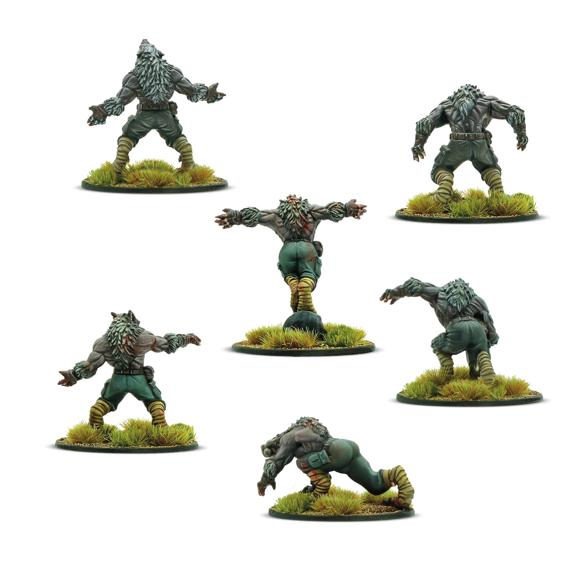 Konflikt '47 Schreckwulfen Squad 452200203 – 6 pomalowanych metalowych figurek Schreckwulfen Axis, widok z tyłu: detale sierści, pasków na nogach, pasów i sprzączek na zielonych spodniach, różne pozy bojowe, 28mm Konflikt '47 Warlord Games
