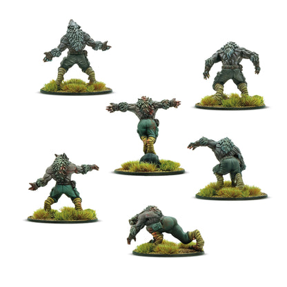 Konflikt '47 Schreckwulfen Squad 452200203 – 6 pomalowanych metalowych figurek Schreckwulfen Axis, widok z tyłu: detale sierści, pasków na nogach, pasów i sprzączek na zielonych spodniach, różne pozy bojowe, 28mm Konflikt '47 Warlord Games
