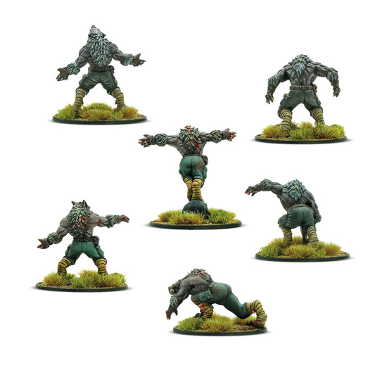 Konflikt '47 Schreckwulfen Squad 452200203 – 6 pomalowanych metalowych figurek Schreckwulfen Axis, widok z tyłu: detale sierści, pasków na nogach, pasów i sprzączek na zielonych spodniach, różne pozy bojowe, 28mm Konflikt '47 Warlord Games
