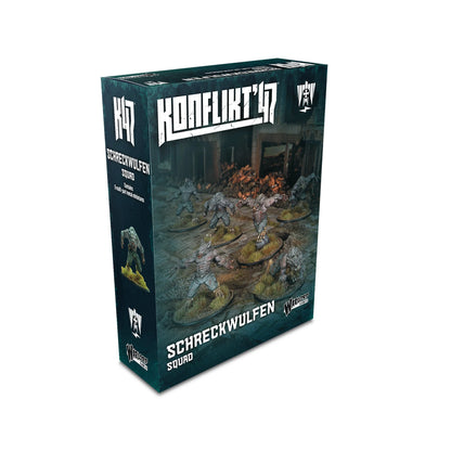 Pudełko Konflikt '47 Schreckwulfen Squad 452200203 – ciemnozielone pudełko z logo Konflikt '47 i ilustracją: wataha Schreckwulfen atakuje w ruinach fabryki, napis Schreckwulfen Squad Contains 6 multi-part metal miniatures, Warlord Games
