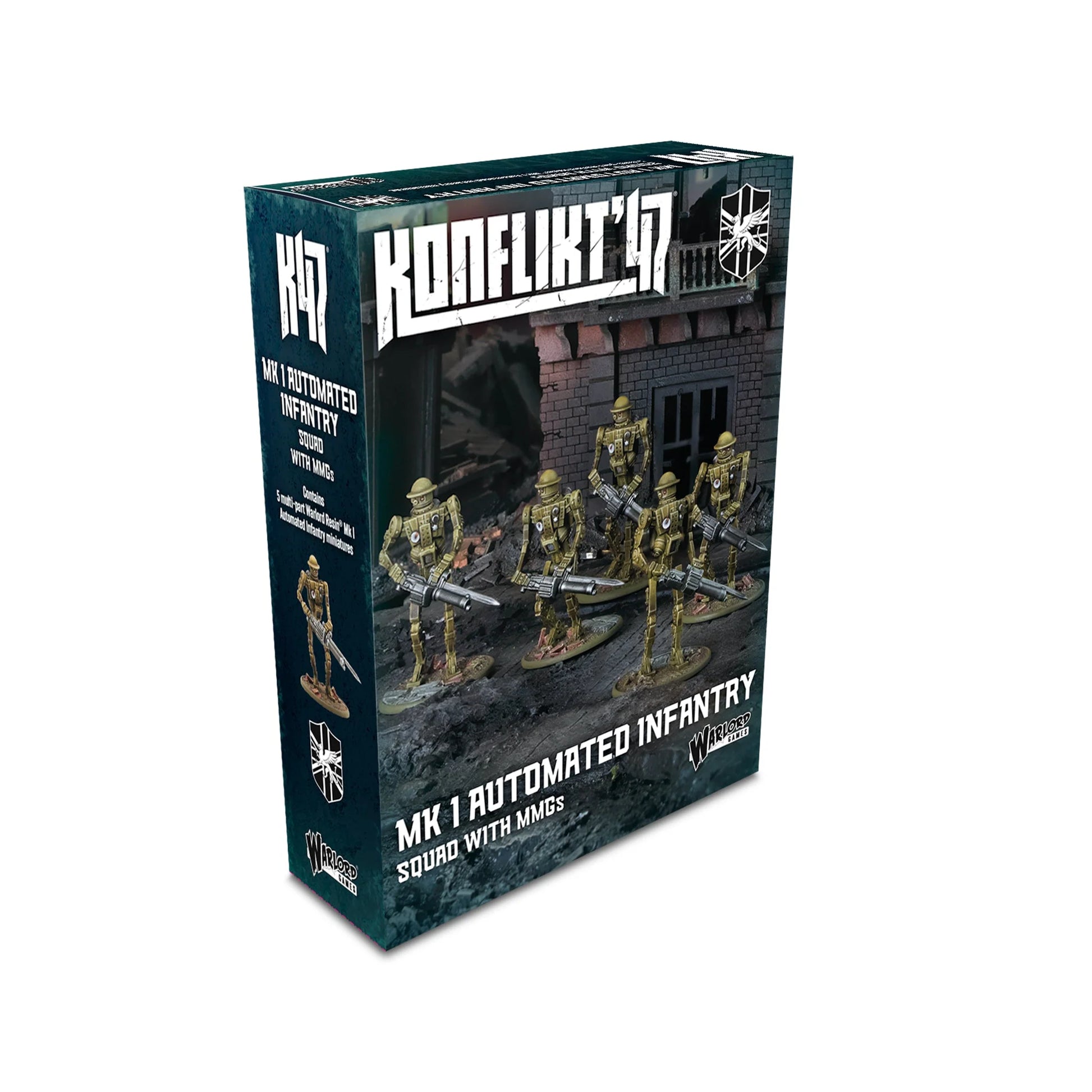 Pudełko Konflikt '47 Mk I Automated Infantry Squad with MMG 452200602 – ciemnozielone pudełko z logo Konflikt '47 i tarczą Commonwealth, ilustracja 5 robotów Mk I z MMG szturmujących ruiny, napis MK 1 Automated Infantry Squad with MMGs Contains 5 multi-part Warlord Resin Mk I Automated Infantry miniatures, Warlord Games
