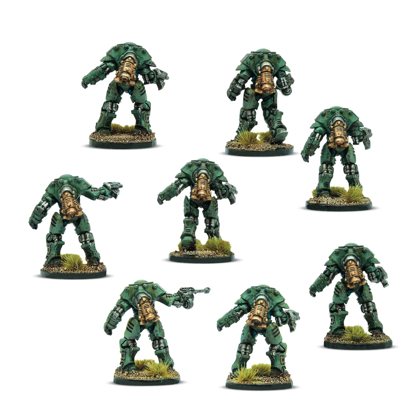 Konflikt '47 Guards MK II Armoured Infantry 452200806 – 8 pomalowanych metalowych figurek sowieckich Gwardzistów w zielonej zbroi wspomaganej MK II ze złoto-brązowymi reaktorami na klatce piersiowej, widok z tyłu: detale plecaków z układami zasilania, hydrauliki i paneli zbroi, okrągłe podstawki z trawą, 28mm Konflikt '47 Warlord Games
