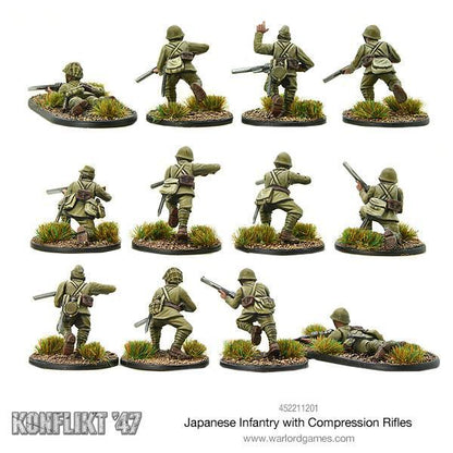 Japońska Piechota z Karabinami Kompresyjnymi – 12 figurek 28mm widok z tyłu, ekwipunek i plecaki, Konflikt '47 Warlord Games
