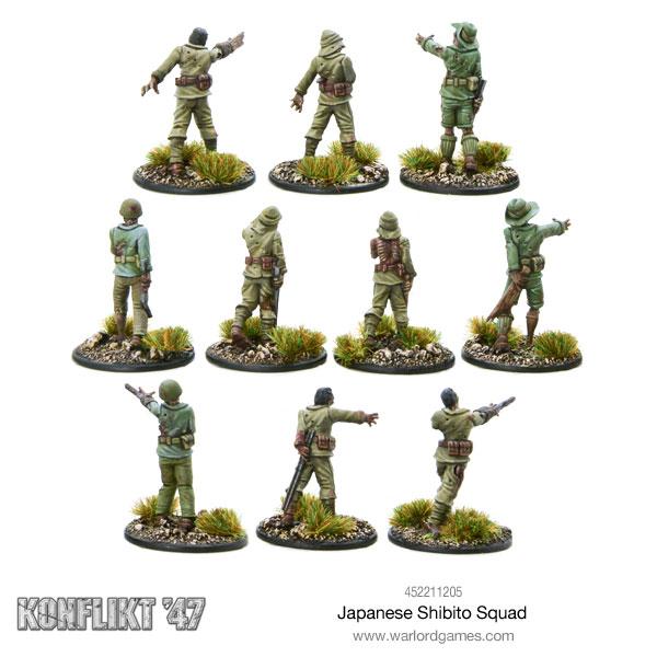 Japanese Shibito Squad Warlord Games – 10 metalowych figurek japońskich nieumarłych z tyłu: detale mundurów khaki z dziurami i śladami rozkładu tropikalnego, 28mm Konflikt '47