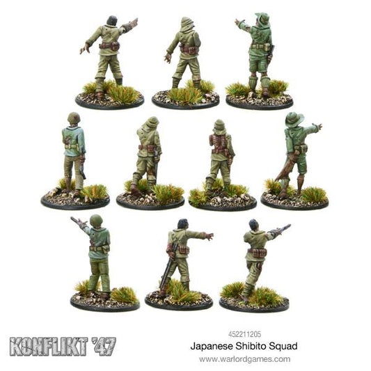 Japanese Shibito Squad Warlord Games – 10 metalowych figurek japońskich nieumarłych z tyłu: detale mundurów khaki z dziurami i śladami rozkładu tropikalnego, 28mm Konflikt '47