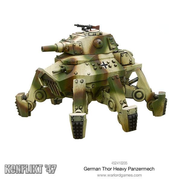 German Thor Heavy Panzermech – widok z boku, kamuflaż trójkolorowy, krzyż żelazny | Konflikt '47 | Warlord Games | 28mm
