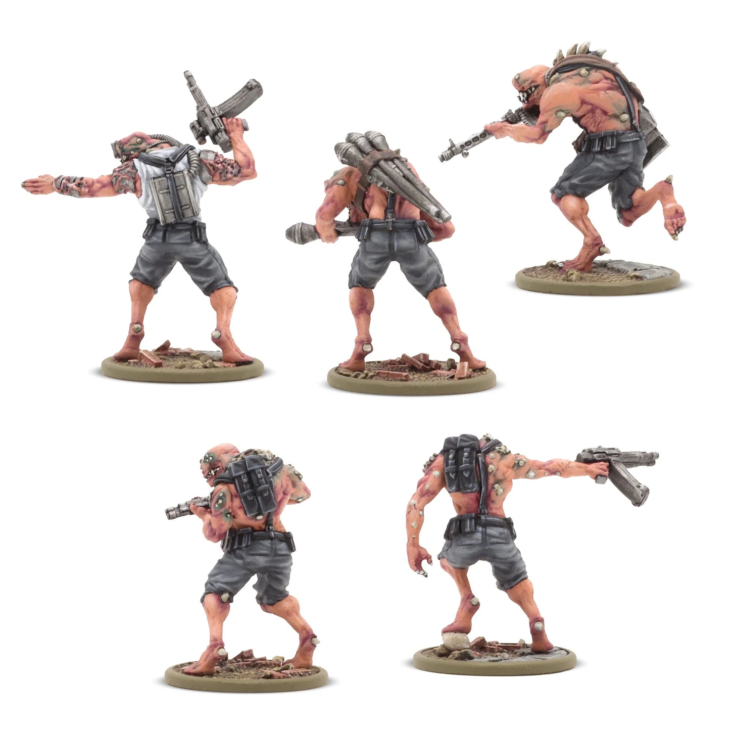 Konflikt '47 Nachtalben Squad 452410215 – 5 pomalowanych żywicznych figurek Nachtalben Axis z tyłu: detale plecaków z wyrzutniami rakiet, pasów amunicyjnych, zdeformowanych pleców i nóg genetycznych mutantów w szarych spodniach, 28mm Konflikt '47 Warlord Games
