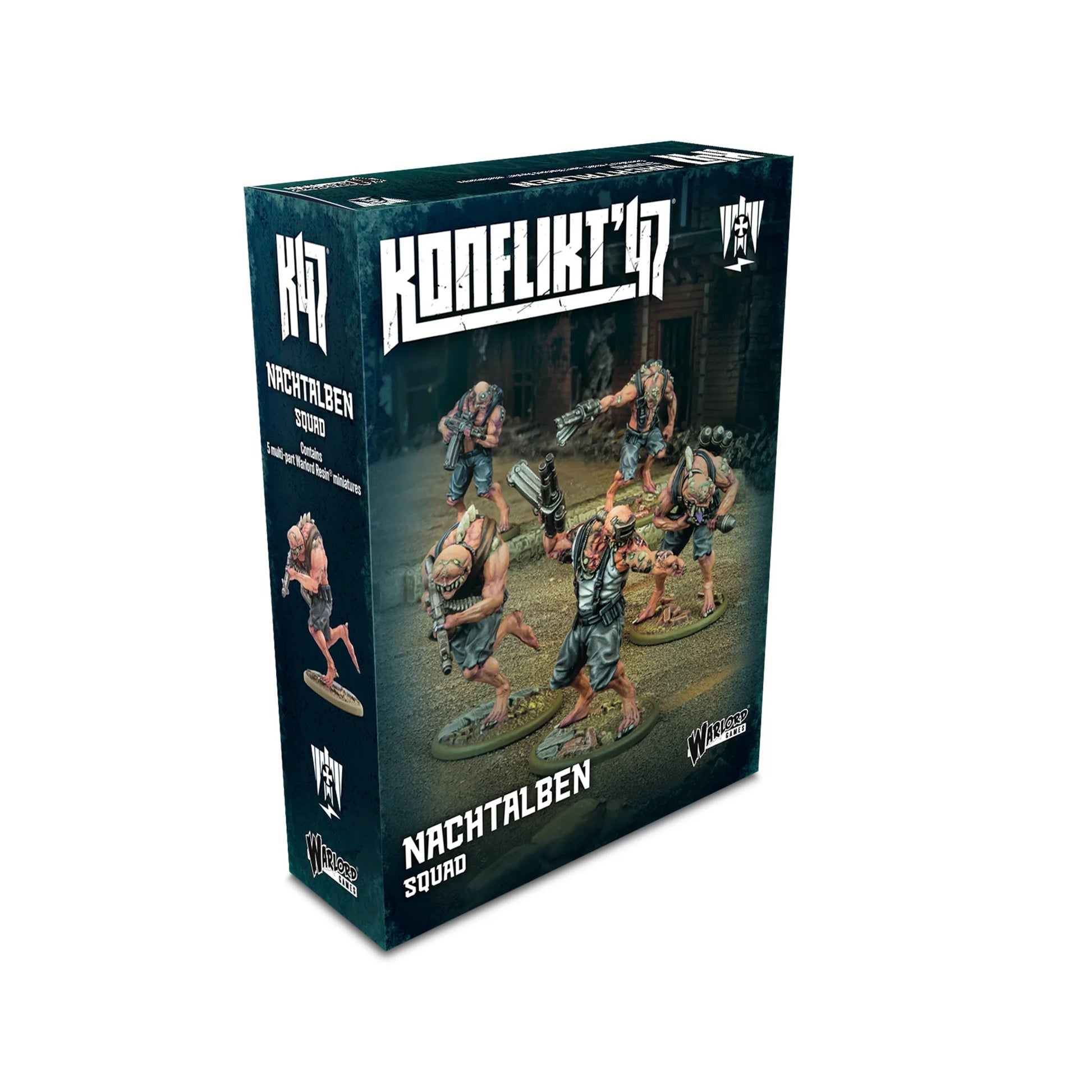 Pudełko Konflikt '47 Nachtalben Squad 452410215 – ciemnozielone pudełko z logo Konflikt '47 i ilustracją: 5 Nachtalben atakuje w ruinach, napis Nachtalben Squad Contains 5 multi-part Warlord Resin miniatures, Warlord Games
