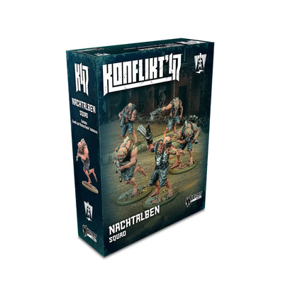 Pudełko Konflikt '47 Nachtalben Squad 452410215 – ciemnozielone pudełko z logo Konflikt '47 i ilustracją: 5 Nachtalben atakuje w ruinach, napis Nachtalben Squad Contains 5 multi-part Warlord Resin miniatures, Warlord Games
