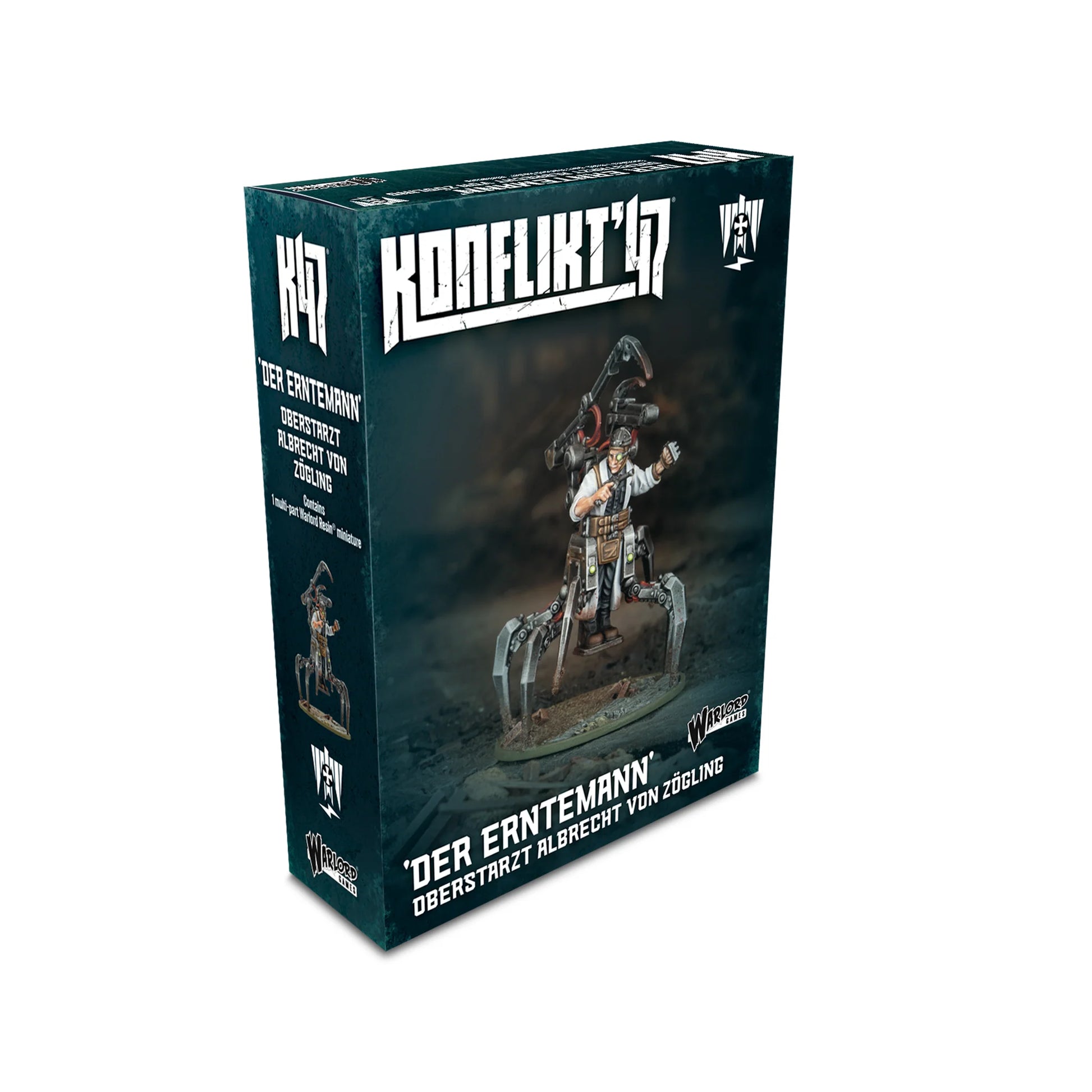 'Der Erntemann' Oberstarzt Albrecht von Zögling – pudełko zestawu Konflikt '47: żywiczna figurka na pająkowym egzoszkielecie, logo K47 i Warlord Games, ciemnozielone tło
