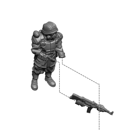 Konflikt '47 Totenrotte Platoon Commander & Bodyguard 452410218 – szary żywiczny model żołnierza Totenrotte z zaawansowaną zbroją i oddzielnym karabinem maszynowym MG, instrukcja montażu, Warlord Games
