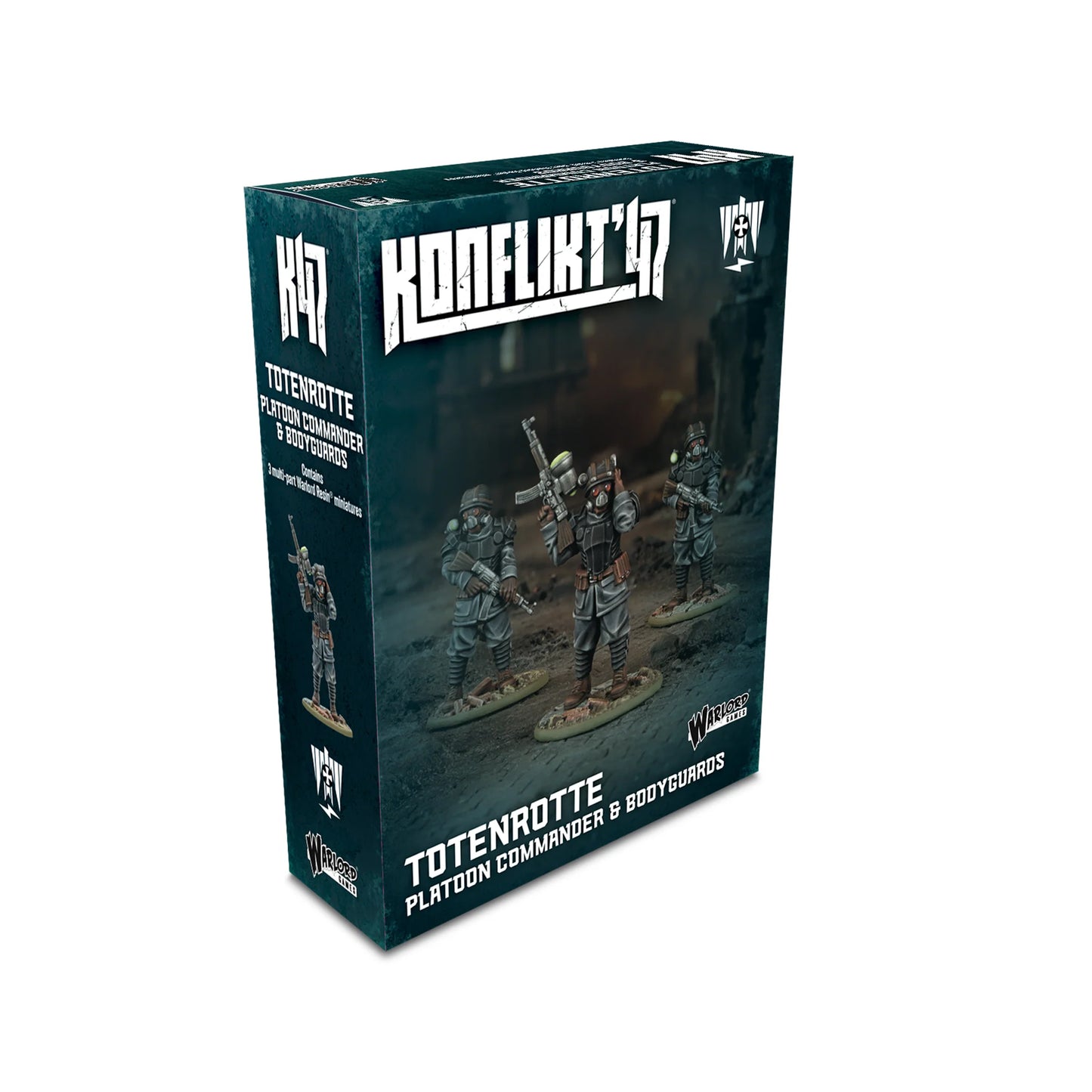 Konflikt '47 Totenrotte Platoon Commander & Bodyguard 452410218 – pudełko zestawu Totenrotte Platoon Commander & Bodyguards z logo Konflikt '47 i ilustracją figurek, Warlord Games
