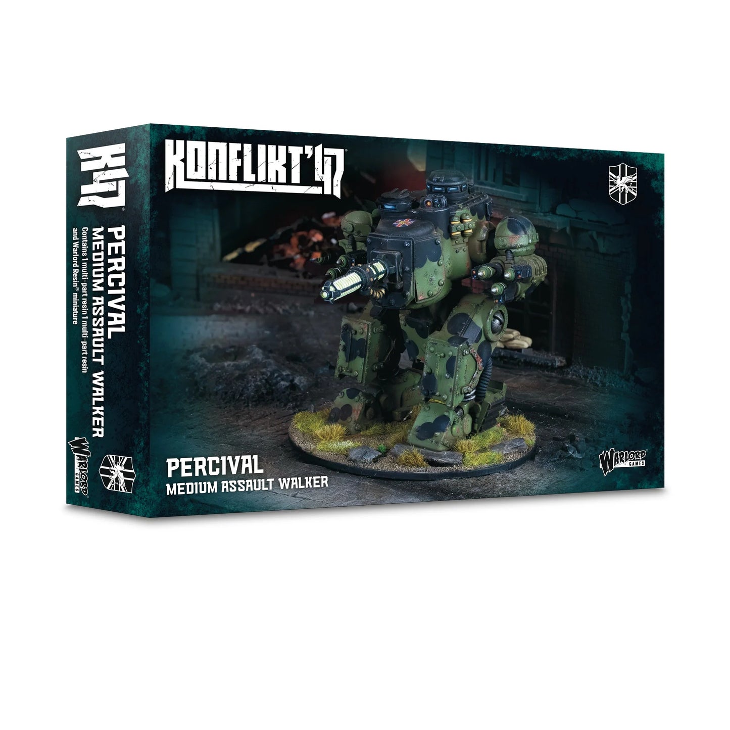 Pudełko Konflikt '47 Percival Medium Assault Walker 452410609 – ciemnozielone pudełko z logo Konflikt '47 i tarczą Commonwealth, ilustracja Percivala kroczącego przez ruiny z Działem Tesli M17, napis Percival Medium Assault Walker Contains 1 multi-part resin and Warlord Resin miniature, Warlord Games

