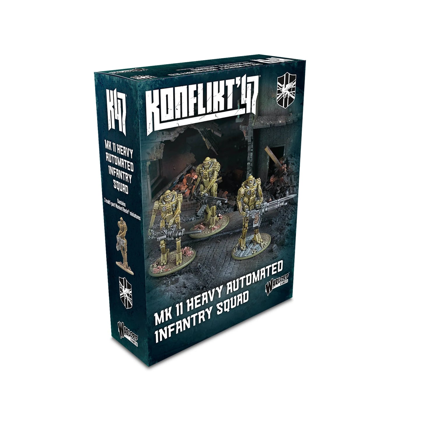 Pudełko Konflikt '47 Mk II Heavy Automated Infantry Squad 452410610 – ciemnozielone pudełko z logo Konflikt '47 i tarczą Commonwealth, ilustracja 3 ciężkich robotów Mk II z działkami automatycznymi szturmujących ruiny, napis MK 11 Heavy Automated Infantry Squad Contains 3 multi-part Warlord Resin miniatures, Warlord Games
