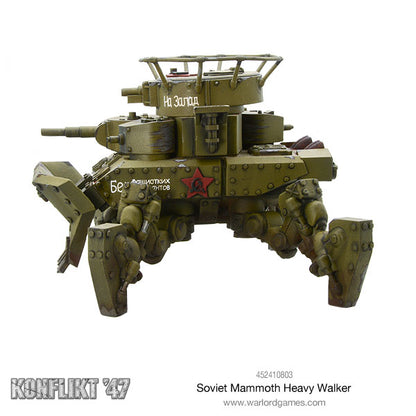 Soviet Mammoth Heavy Walker – widok z boku, cyryliczne napisy na kadłubie | Konflikt '47 | Warlord Games | 28mm

