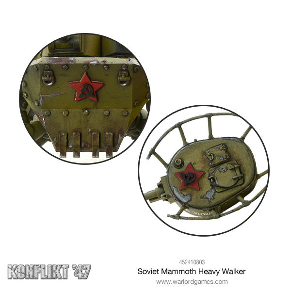 Soviet Mammoth Heavy Walker – zbliżenie na detale: czerwona gwiazda, nitowane panele, kosz | Konflikt '47 | 28mm
