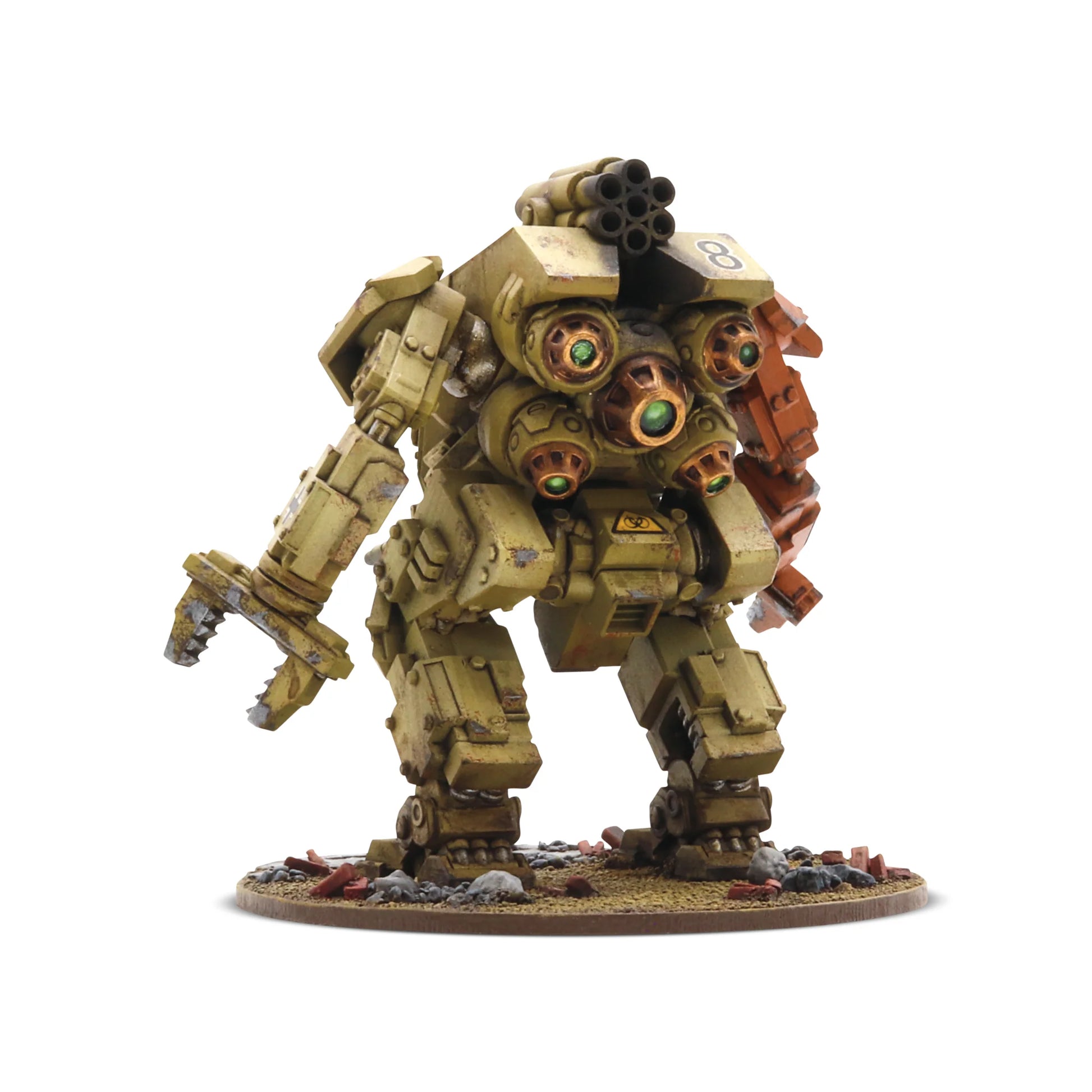 Konflikt '47 Heuschrecke Medium Panzermech 452600202 – pomalowany żywiczno-metalowy mech Axis w żółto-piaskowym kamuflażu, widok z przodu: zielone oczy Rift w klatce piersiowej, pomarańczowe ramię z chwytakiem i działem, wyrzutnia rakiet na plecach z numerem 8, 28mm Konflikt '47 Warlord Games
