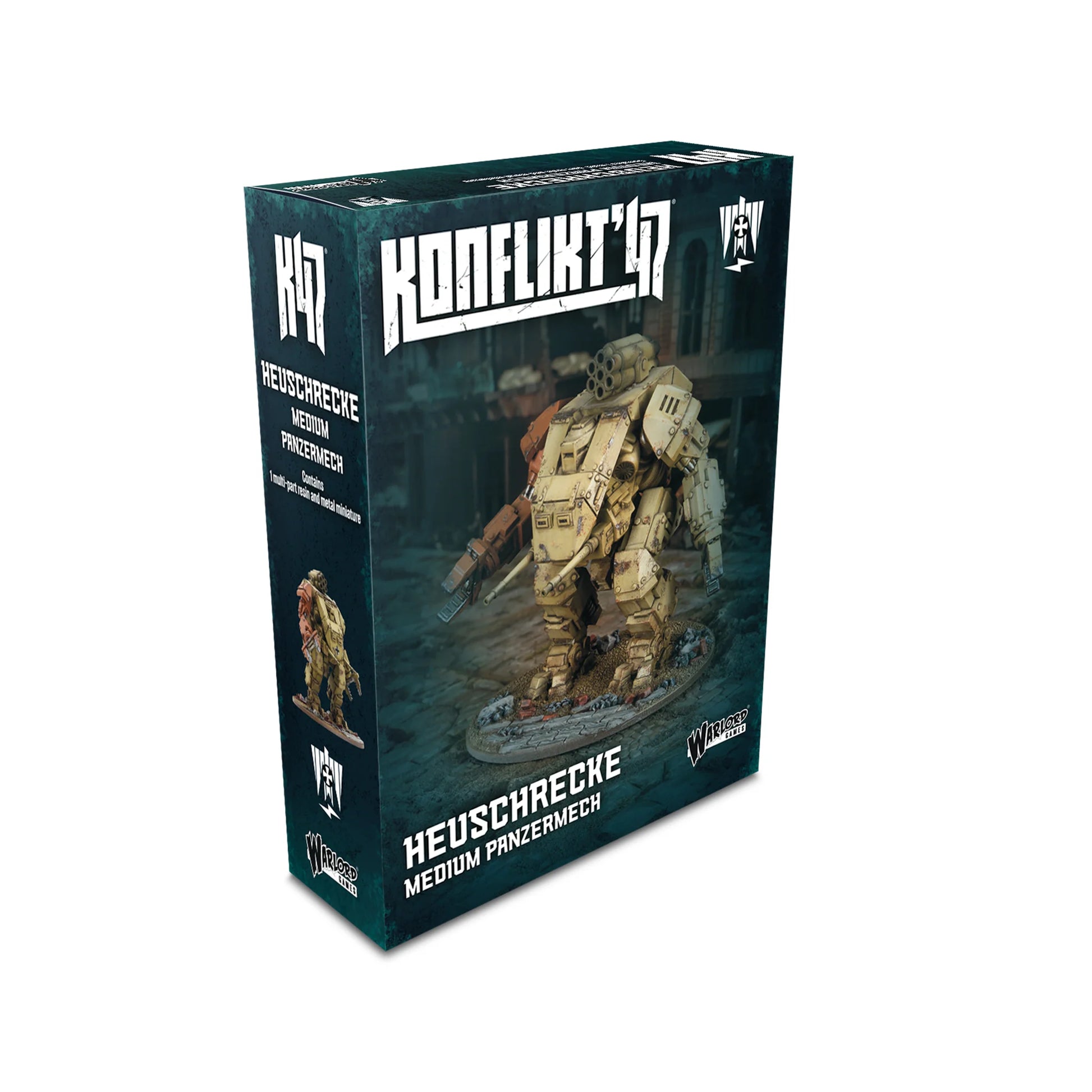 Pudełko Konflikt '47 Heuschrecke Medium Panzermech 452600202 – ciemnozielone pudełko z logo Konflikt '47 i ilustracją: mech Heuschrecke w żółto-piaskowym kamuflażu kroczy przez ruiny fabryki, napis Heuschrecke Medium Panzermech Contains 1 multi-part resin and metal miniature, Warlord Games
