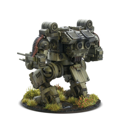 Konflikt '47 Kodiak Close Assault Walker 452600401 – widok z przodu lewej strony, bliźniacze działka automatyczne po obu stronach kadłuba, kamuflaż oliwkowy, podstawka z trawą, 28mm Warlord Games
