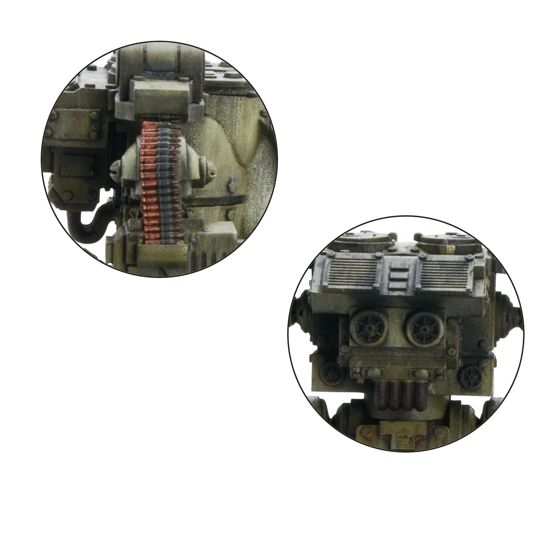 Konflikt '47 Kodiak Close Assault Walker 452600401 – wariant z bliźniaczymi HMG i taśmą amunicyjną, widok z przodu lewej strony, dynamiczna poza ataku, kamuflaż oliwkowy, 28mm Warlord Games
