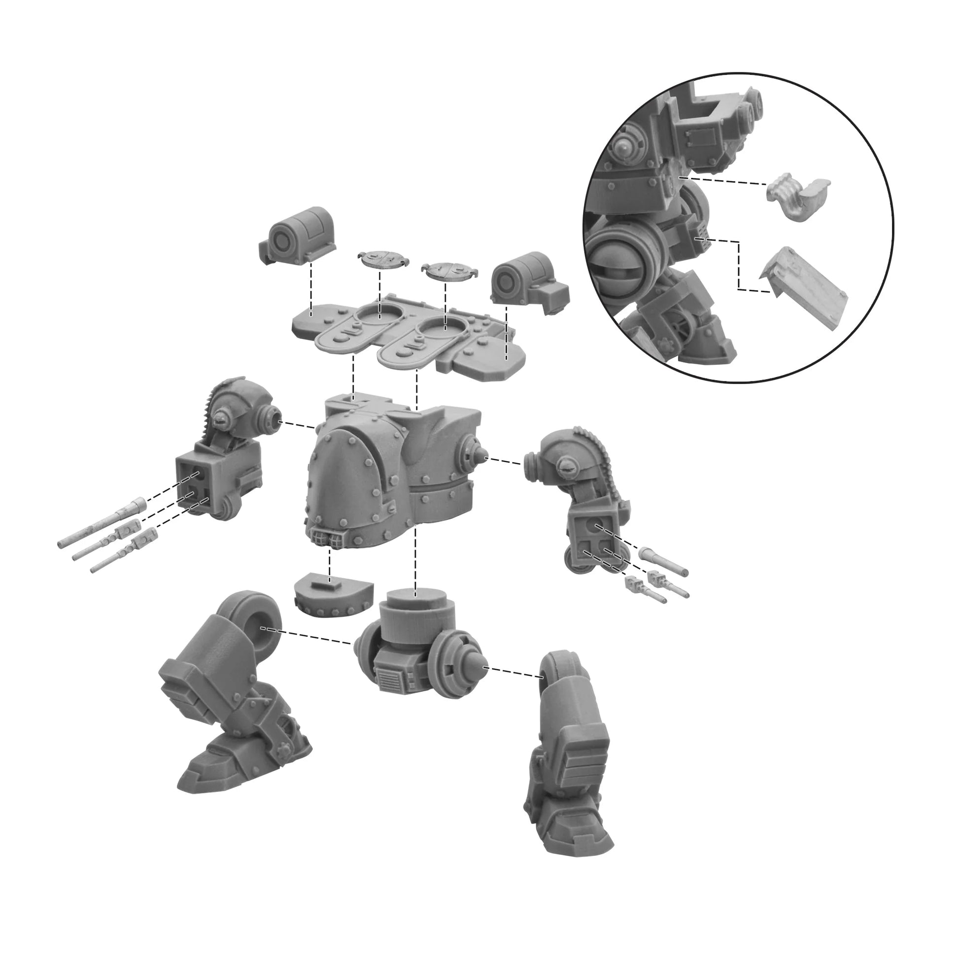 Konflikt '47 Kodiak Close Assault Walker 452600401 – rozłożony diagram montażu: kadłub, nogi, ramiona z bliźniaczymi działkami automatycznymi i zbliżenie na detale złącza ramienia, szary plastik, Warlord Games
