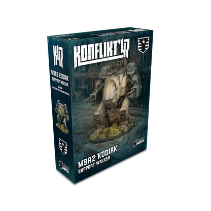 Pudełko Konflikt '47 M9A2 Kodiak Support Walker 452600401 – ciemnozielone pudełko z logo Konflikt '47, ilustracja walkera na tle ruin, napis M9A2 Kodiak Support Walker Contains 1 multi-part resin and metal miniature, Warlord Games
