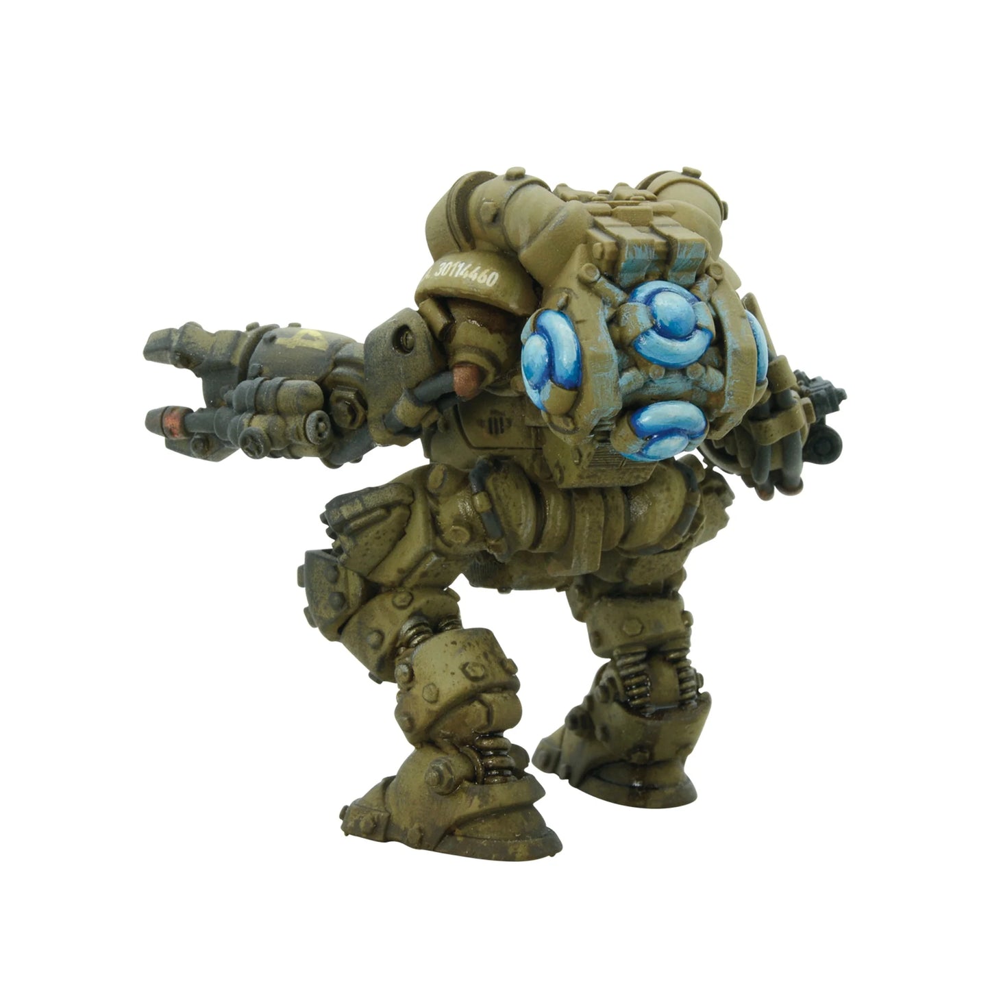 Konflikt '47 Jackal Light Walker 452600402 – widok z przodu lewej strony, repulsory na plecach w kolorze niebieskim, miotacz ognia w prawej ręce, kamuflaż piaskowo-oliwkowy, 28mm Warlord Games

