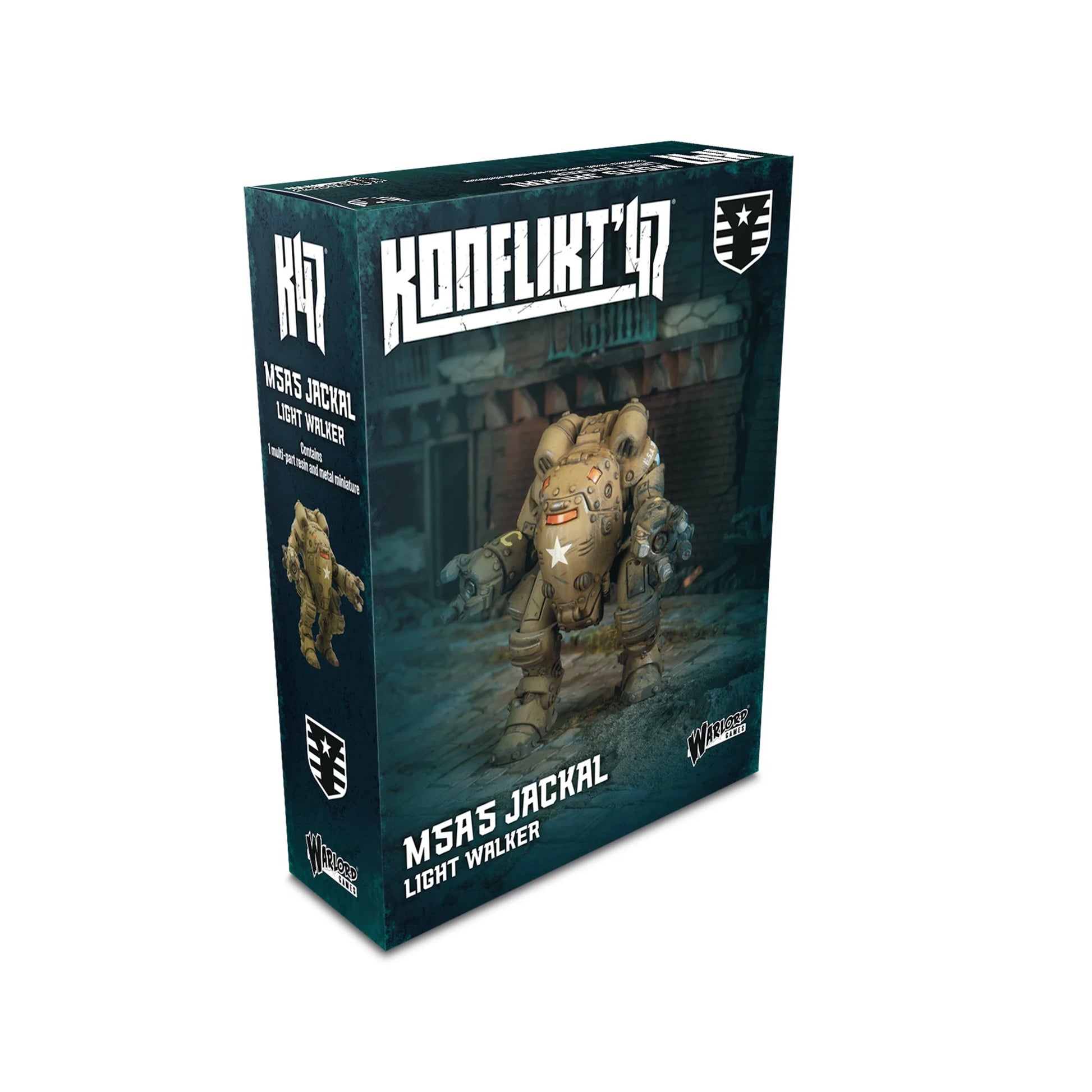 Pudełko Konflikt '47 M5A5 Jackal Light Walker 452600402 – ciemnozielone pudełko z logo Konflikt '47, ilustracja walkera kroczącego przez ruiny, napis M5A5 Jackal Light Walker Contains 1 multi-part resin and metal miniature, Warlord Games
