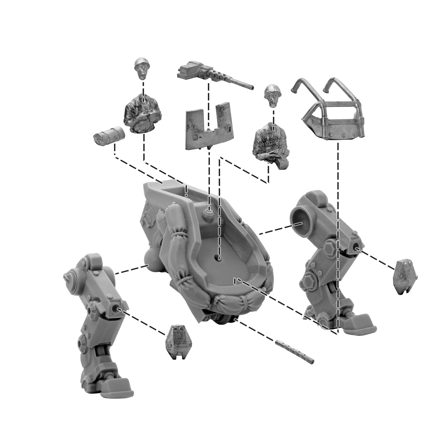 M3A2 Pondskater Scout Walker – diagram montażu żywicy: kadłub, 2 pary nóg, 2 figurki załogi z głowami, podwójny HMG, kabina pilota, elementy złączne, żywica 28mm Konflikt '47