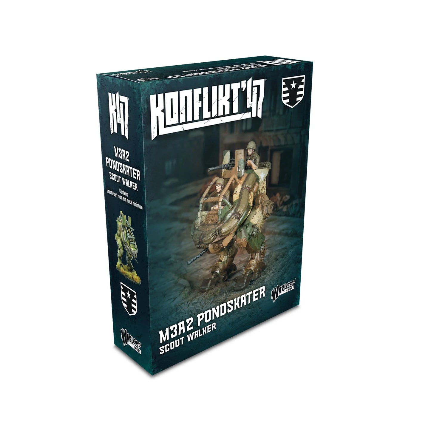 M3A2 Pondskater Scout Walker – pudełko Konflikt '47: grafika okładkowa z walkerem w akcji na tle zniszczonego miasta, zawartość 1 model żywica + metal, 28mm Warlord Games