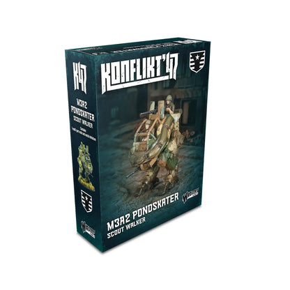 M3A2 Pondskater Scout Walker – pudełko Konflikt '47: grafika okładkowa z walkerem w akcji na tle zniszczonego miasta, zawartość 1 model żywica + metal, 28mm Warlord Games