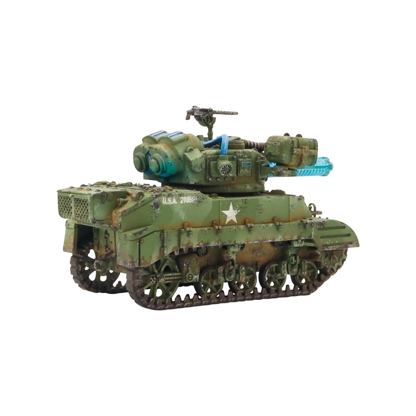 Konflikt '47 M5A2(T) Stuart Light Tank 452600405 – pomalowany model czołgu USA w kamuflażu oliwkowym z Lekkim Działem Tesli, widok z przodu prawej strony, napis U.S.A. 29368 na kadłubie, biała gwiazda, MMG na wieży, 28mm Warlord Games
