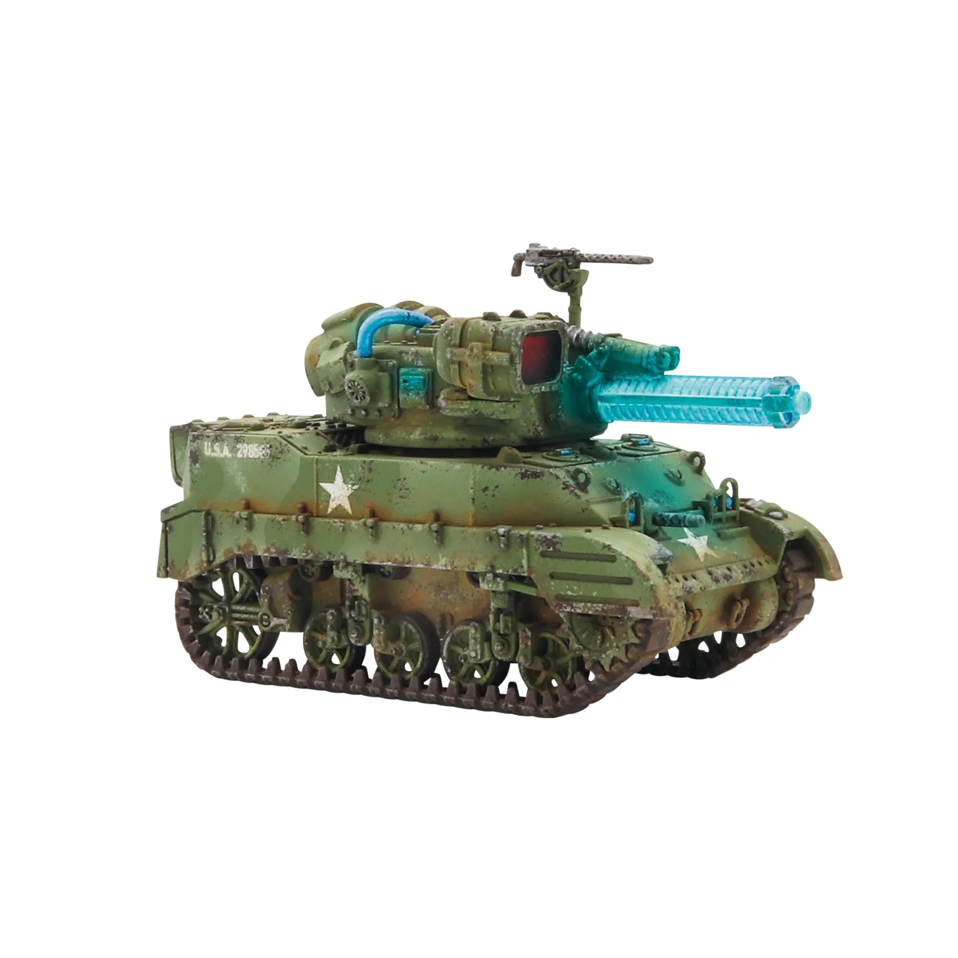 Konflikt '47 M5A2(T) Stuart Light Tank 452600405 – pomalowany model czołgu USA w kamuflażu oliwkowym z Lekkim Działem Tesli, widok z tyłu lewej strony, napis U.S.A. 2188 na kadłubie, biała gwiazda na boku, MMG na wieży, 28mm Warlord Games
