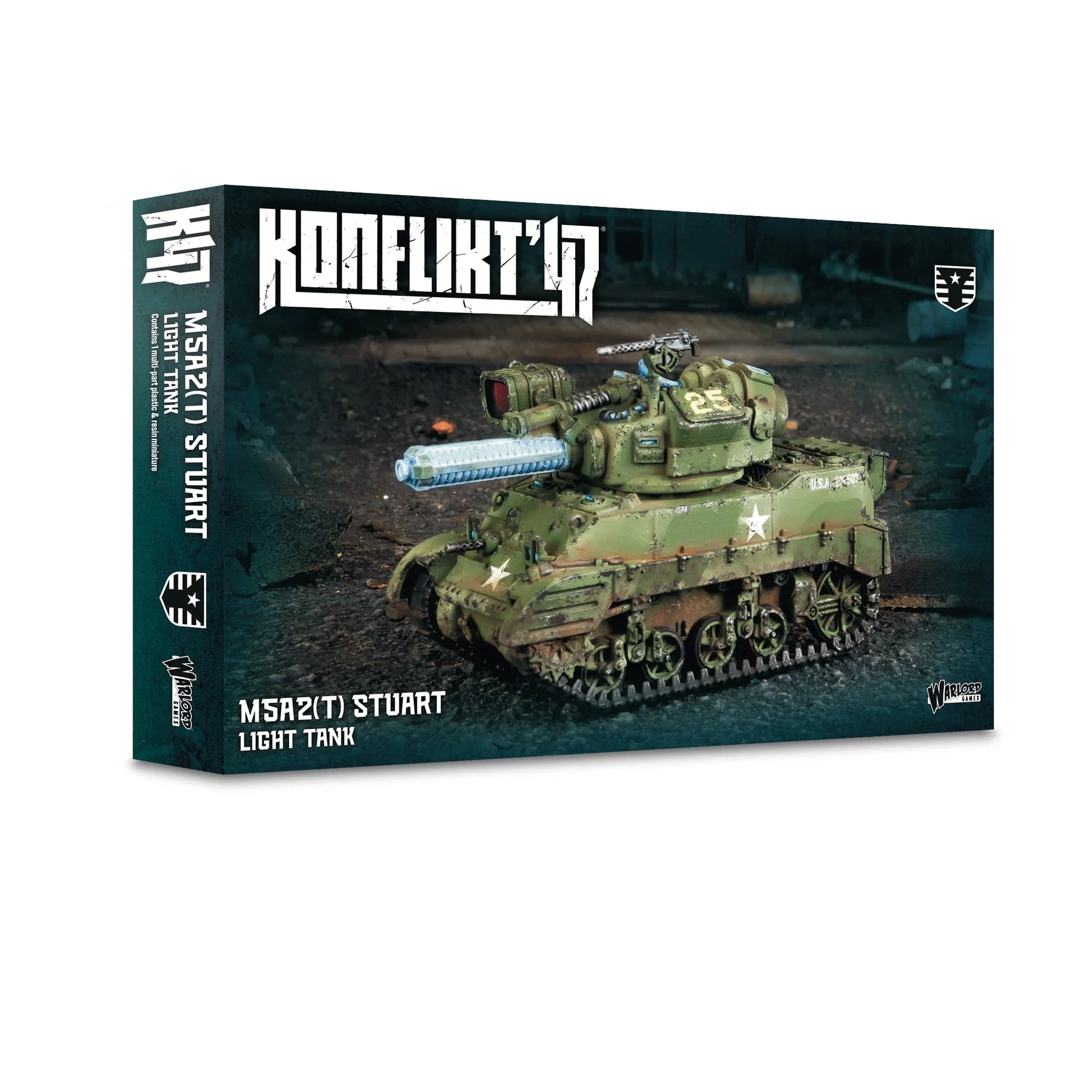 Pudełko Konflikt '47 M5A2(T) Stuart Light Tank 452600405 – ciemnozielone pudełko z logo Konflikt '47, ilustracja czołgu z Lekkim Działem Tesli na tle ruin, napis M5A2(T) Stuart Light Tank Contains 1 multi-part plastic & resin miniature, Warlord Games
