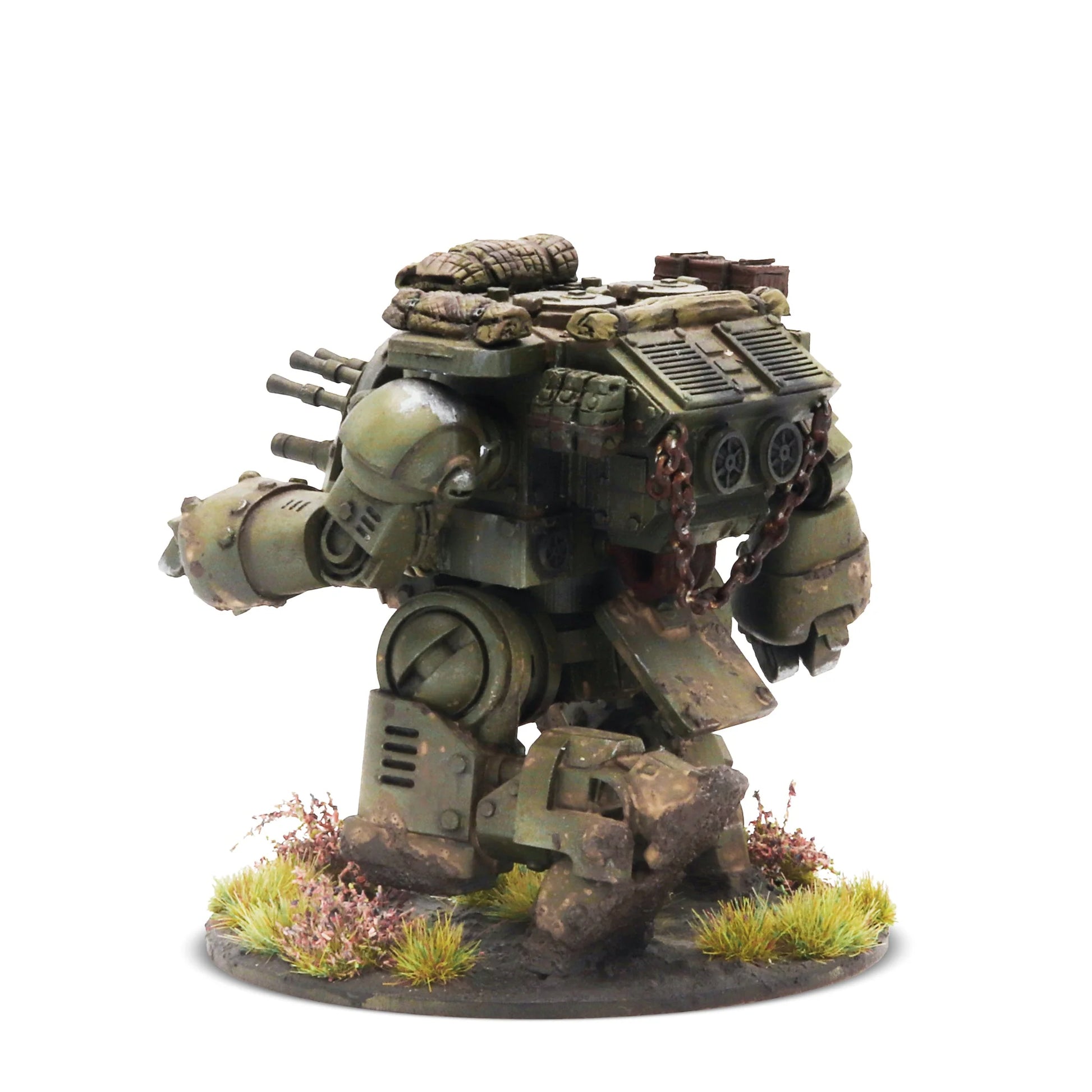 Konflikt '47 Hornet Medium Walker 452600601 – widok z przodu prawej strony: poczwórne HMG na prawym ramieniu, ciężkie działko automatyczne, ramię użytkowe z chwytakiem, detale kabiny pilota z wizjerem, kamuflaż oliwkowo-brązowy, 28mm Warlord Games
