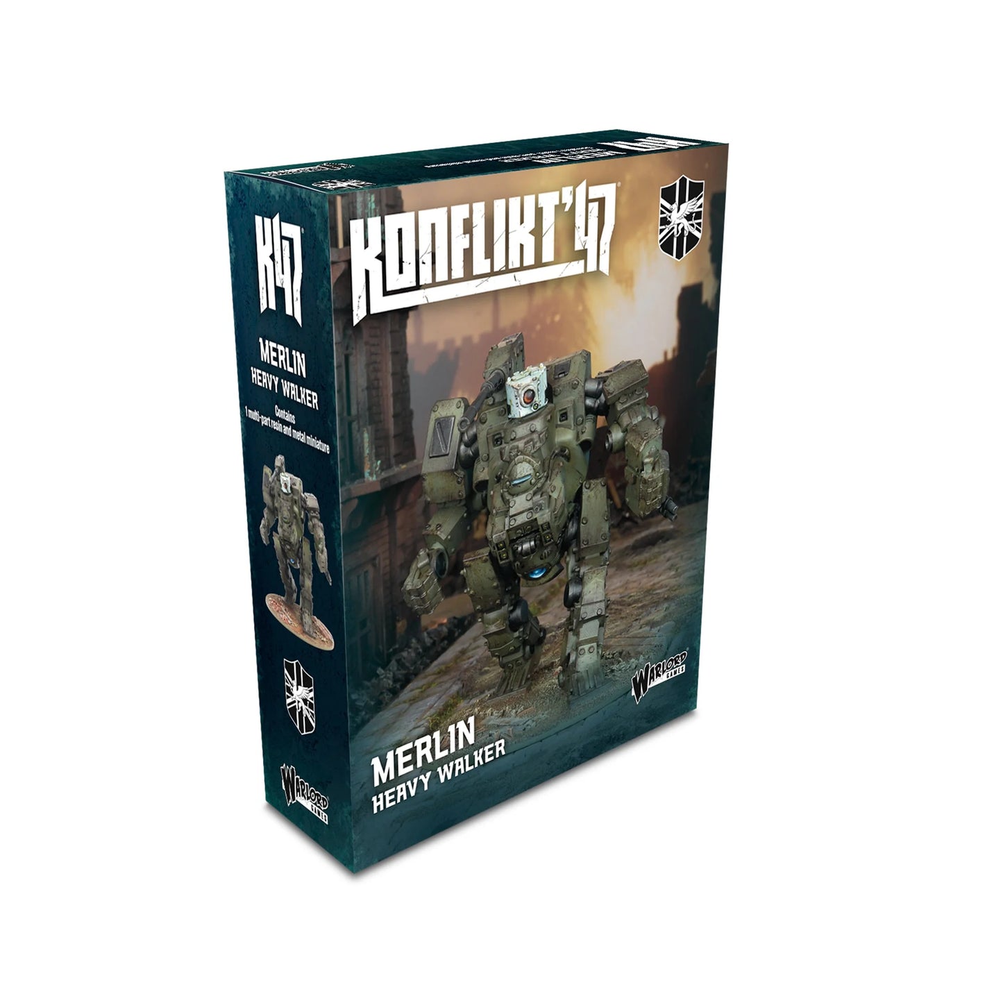Pudełko Konflikt '47 Merlin Heavy Walker 452600602 – ciemnozielone pudełko z logo Konflikt '47 i tarczą Commonwealth, ilustracja Merlina kroczącego przez ruiny z białą głowicą Guinevere, napis Merlin Heavy Walker Contains 1 multi-part resin and metal miniature, Warlord Games
