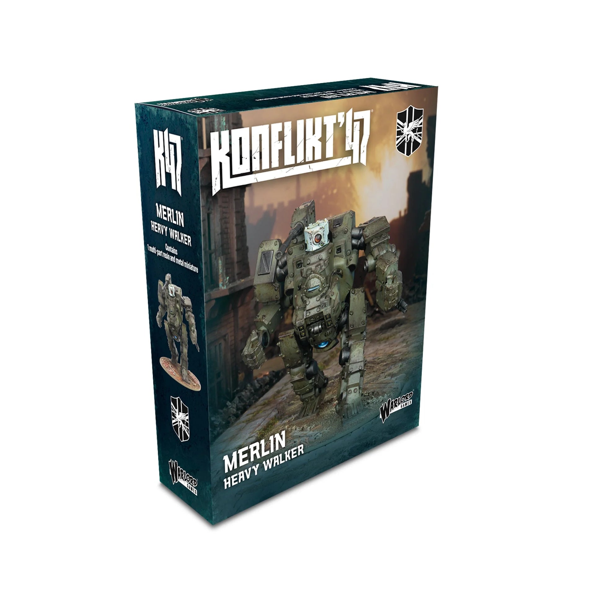 Pudełko Konflikt '47 Merlin Heavy Walker 452600602 – ciemnozielone pudełko z logo Konflikt '47 i tarczą Commonwealth, ilustracja Merlina kroczącego przez ruiny z białą głowicą Guinevere, napis Merlin Heavy Walker Contains 1 multi-part resin and metal miniature, Warlord Games
