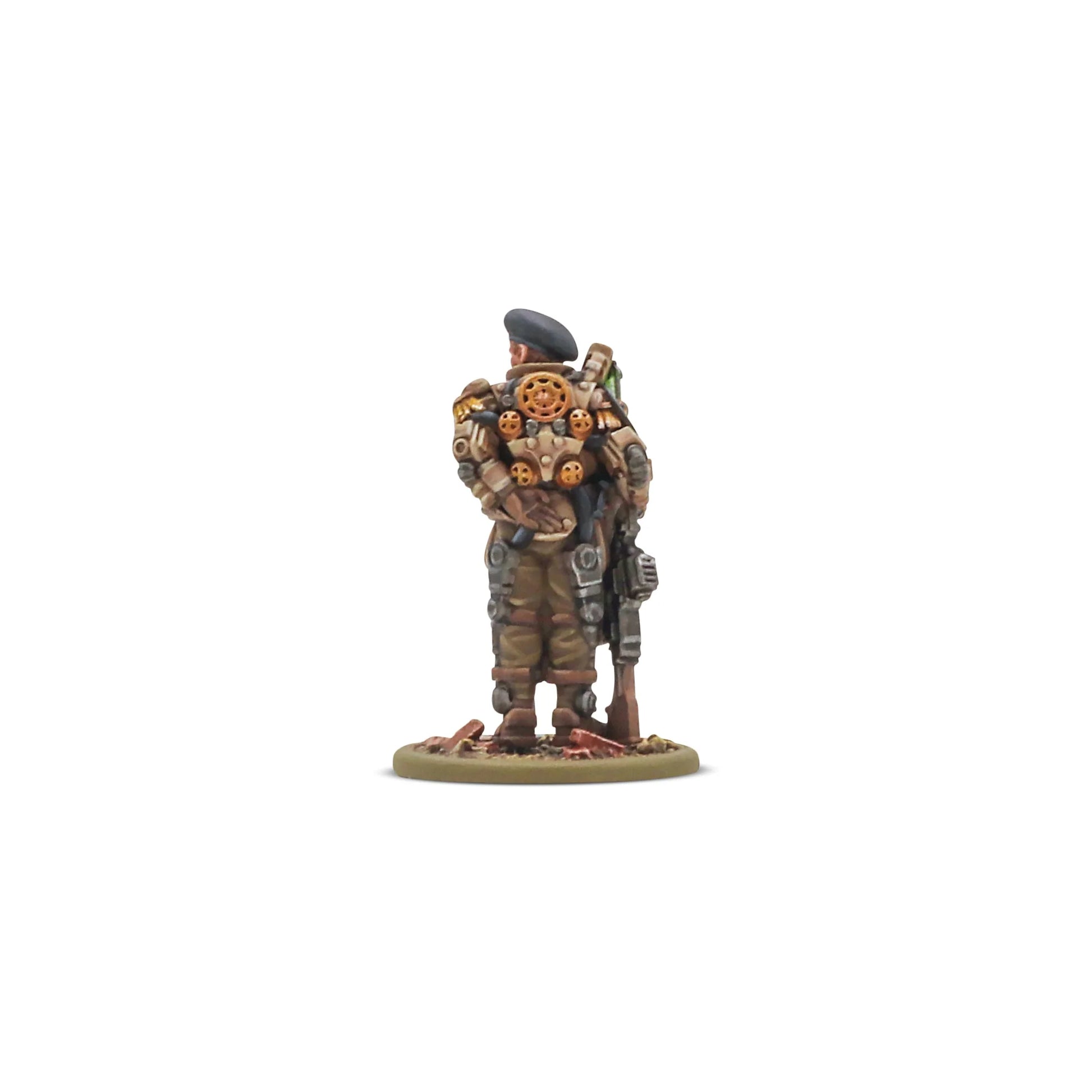 Konflikt '47 British Commonwealth Starter Army 452600603 – Platoon Commander w zbroi Galahad, widok z tyłu: pomarańczowe reaktory wspomagane na plecach, Tesla Rifle przy boku, piaskowo-brązowa zbroja, okrągła podstawka, 28mm Warlord Games
