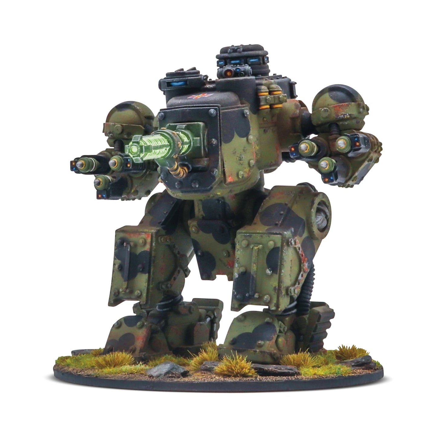 Konflikt '47 British Commonwealth Starter Army 452600603 – Percival Medium Assault Walker w kamuflażu oliwkowo-czarnym, widok z przodu lewej strony: Działo Tesli M17 z zielonym ładunkiem energetycznym w lewym ramieniu i wyrzutnia rakiet w prawym, podstawka z trawą i kamieniami, 28mm Warlord Games
