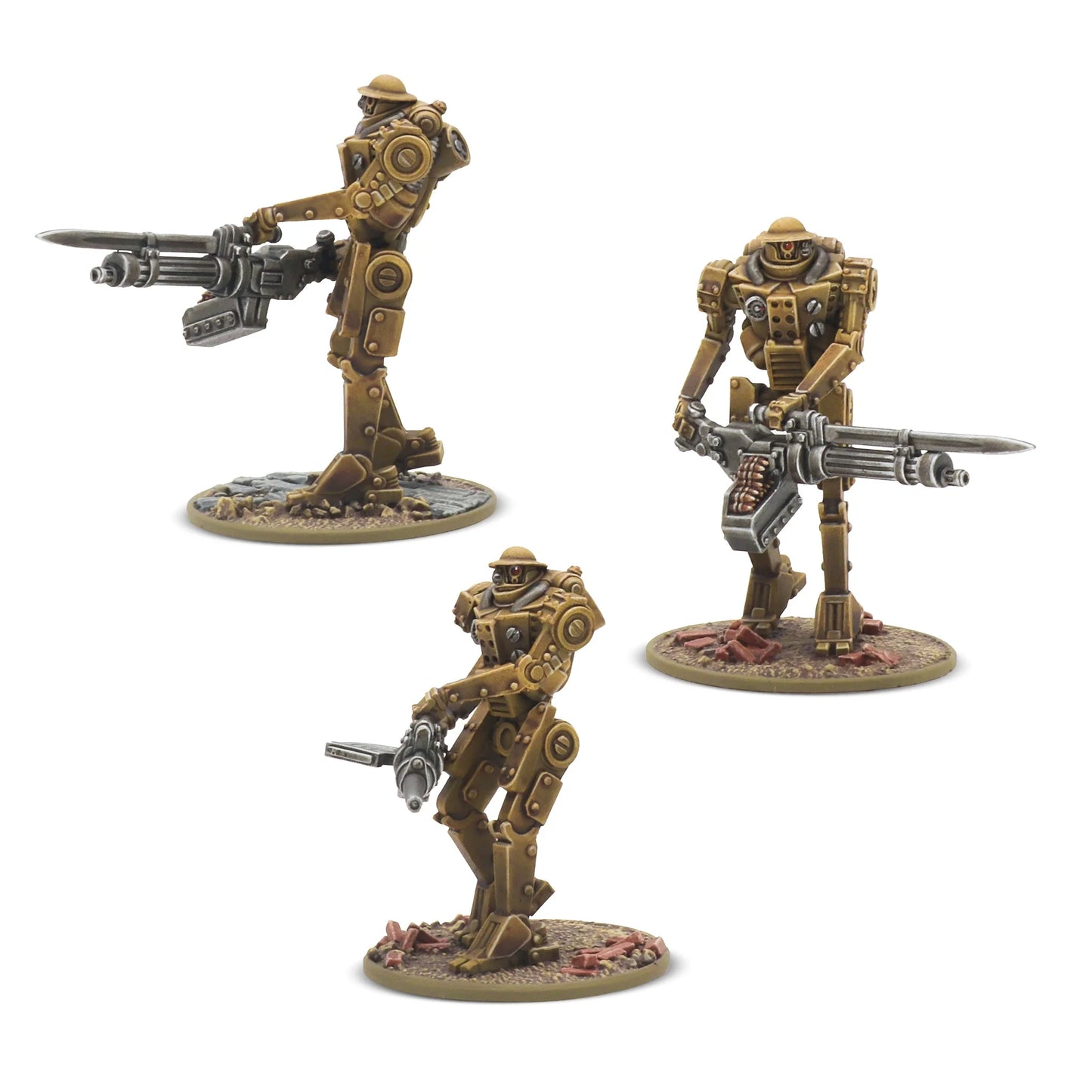 Konflikt '47 British Commonwealth Starter Army 452600603 – 3 pomalowane figurki Mk II Heavy Automated Infantry w kolorze piaskowo-złotym z hełmami Brodie: dwie z ciężkimi MMG i bagnetami, jedna z pistoletem maszynowym, różne pozy bojowe, okrągłe podstawki, 28mm Warlord Games
